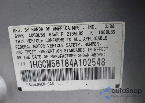 2004 Honda Accord 2.4 Dx from USA, damaged, VIN 1HGCM56184A102548